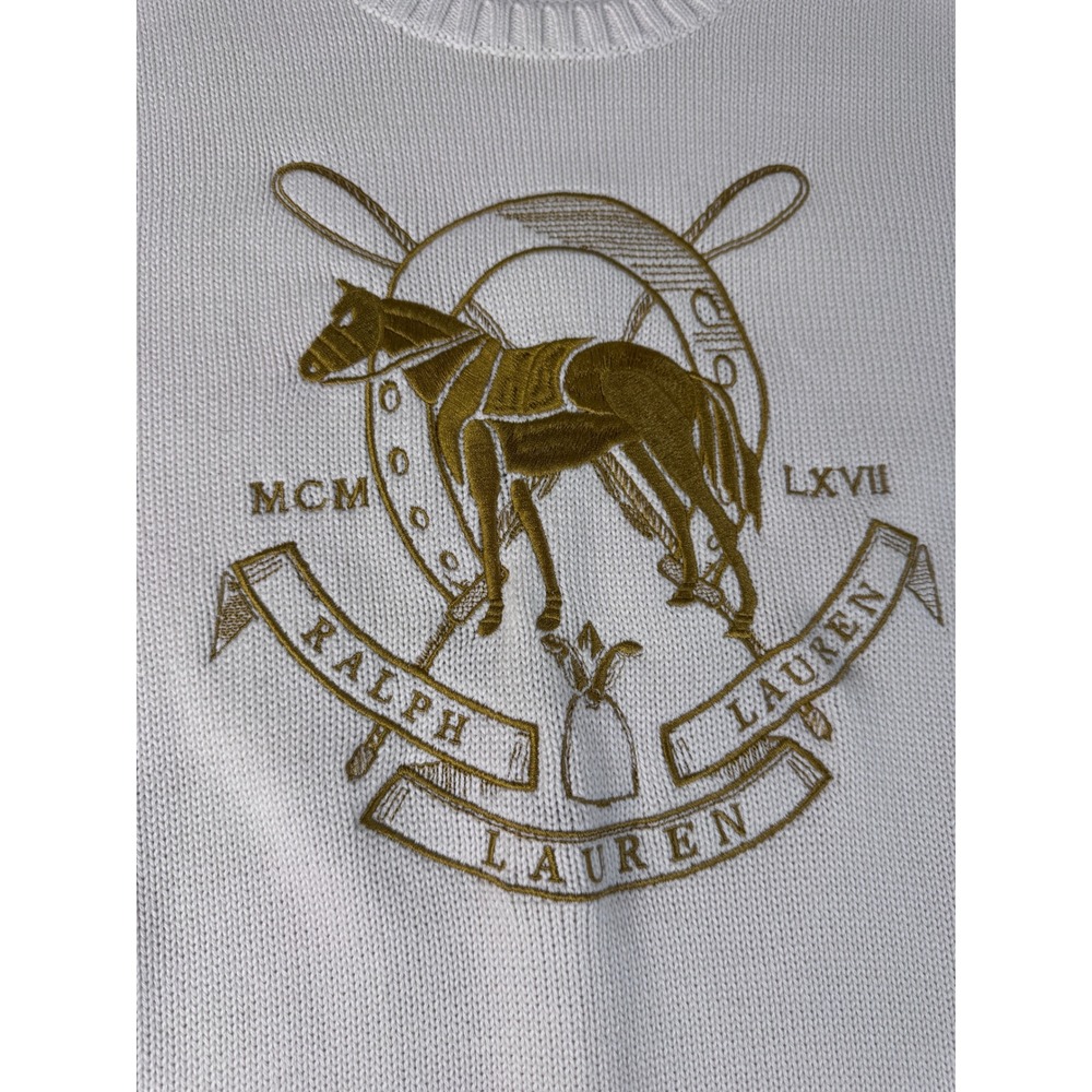 Lauren Ralph Lauren Cream Cotton Knit Equestrian Crest Sweater Small Gold Horse - Picture 8 of 14